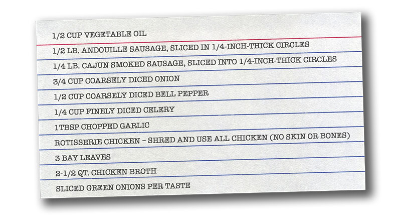 Gumbo ingredients on index card